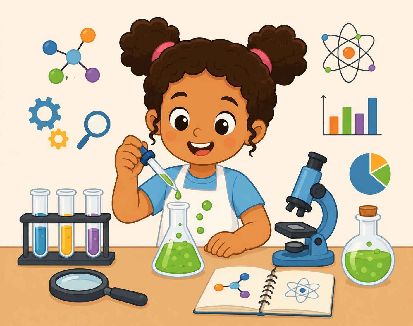 Menina cientista com microscópio e tubos de ensaio fazendo experimentos