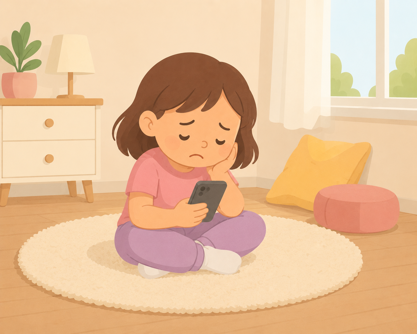 Criança triste sentada no chão olhando para o celular